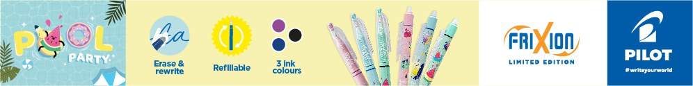 FriXion Pool Party Limited Edition van Pilot Pen — de zomerse collectie die schrijven verandert in een feestje. Met de innovatieve uitwisbare inkttechnologie schrijf en corrigeer je moeiteloos, zonder gumresten of vlekken. Schrijf. Wis. Herbegin.