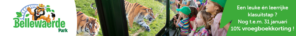 Advertentie: Logo Bellewaerde Park en foto van verbaasde kinderen aan de tijgers met oproep om tot 31 januari een klasuitstap te boeken met 10% vroegboekkorting