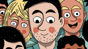 Illustratie: leraar tussen veel leerlingen