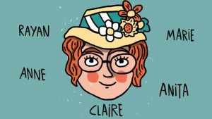 Illustratie van meisje met veel namen rond haar hoofd