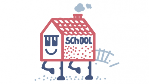 illustratie van schoolgebouw met poten