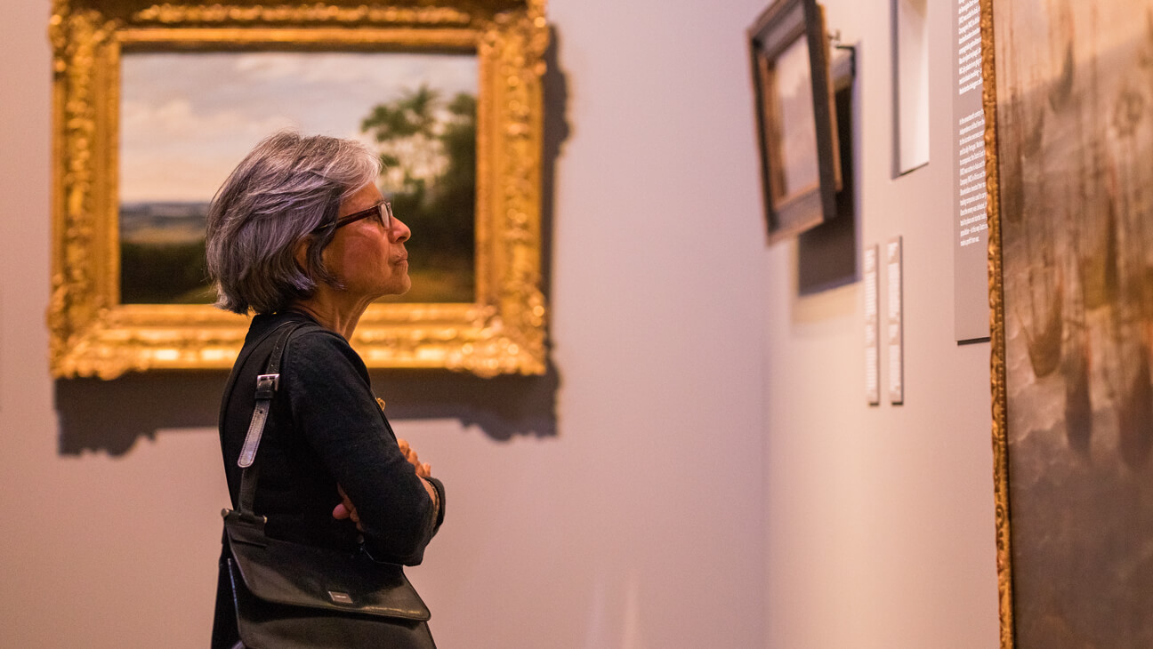 Vrouw kijkt naar schilderij