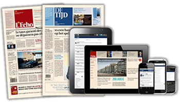 Krant, tablet en smartphone met de website van van L'echo / De tijd