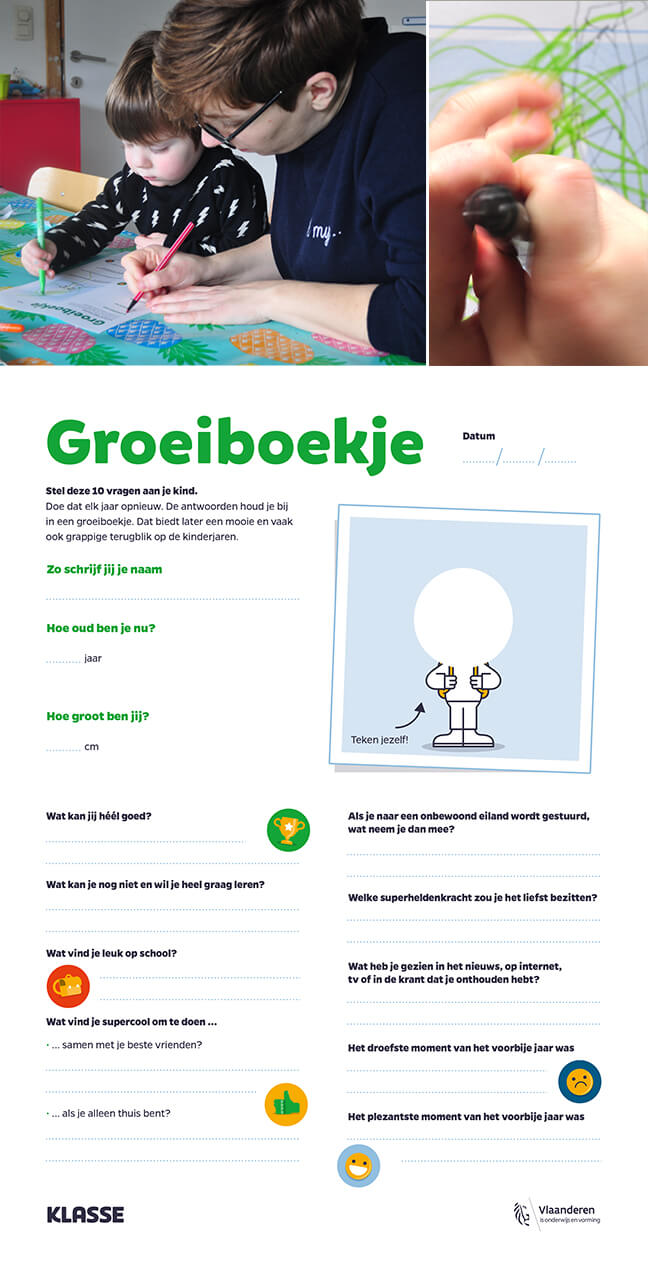 Voorbeeld van het groeiboekje. Mama Josfien vult samen met haar peuter de fiche in