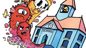 illustratie met figuurtjes die weglopen uit schoolgebouw