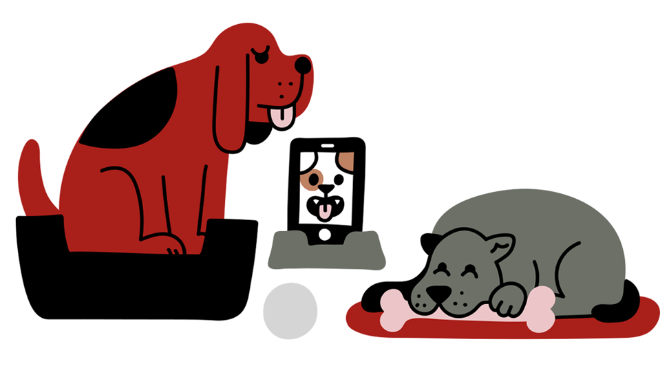 illustratie van twee honden en een smartphone-hond