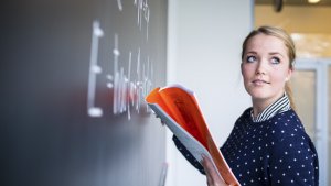 Jonge leraar schrijft op schoolbord