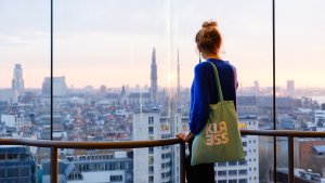 vrouw kijkt uit over antwerpen