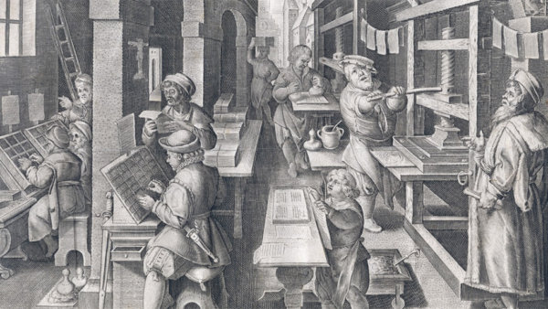 Schilderij van mensen bezig met boekdrukkunst