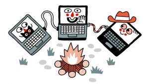 Computers vergaderen rond een warm kampvuur.
