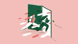Illustratie van leerlingen die klas binnenlopen