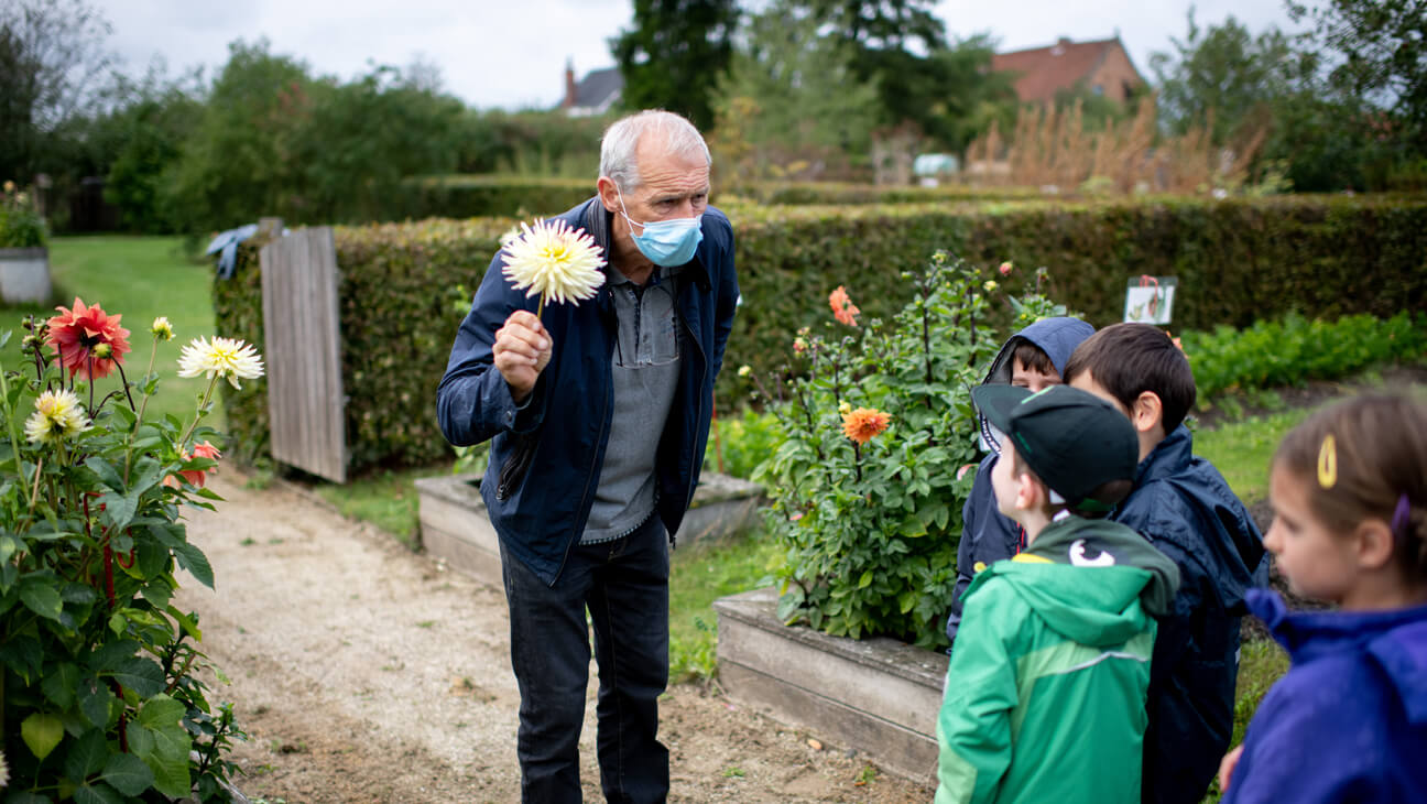 Gids toont bloem aan kinderen tijdens klasbezoek aan t' Grom in Mechelen