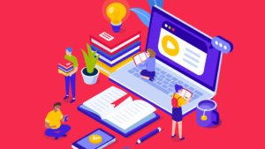 Illustratie: Leerlingen doen aan afstandsleren met oefenboekjes en laptops