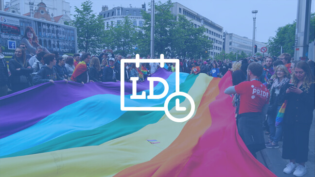 Foto van mensen bij een regenboogvlag tijdens een optocht