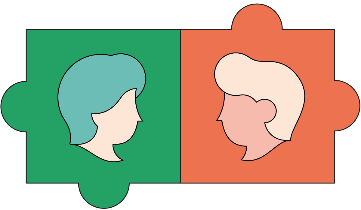 illustratie puzzelstuk met twee figuren die elkaar aankijken