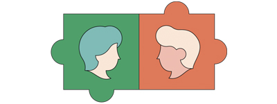 illustratie puzzelstuk met twee figuren die elkaar aankijken