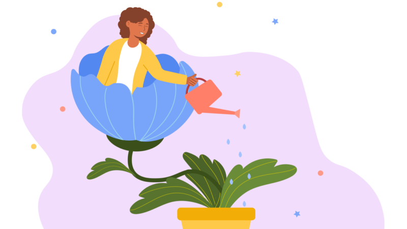 Illustratie met vrouw die in een bloem zit en die water geeft