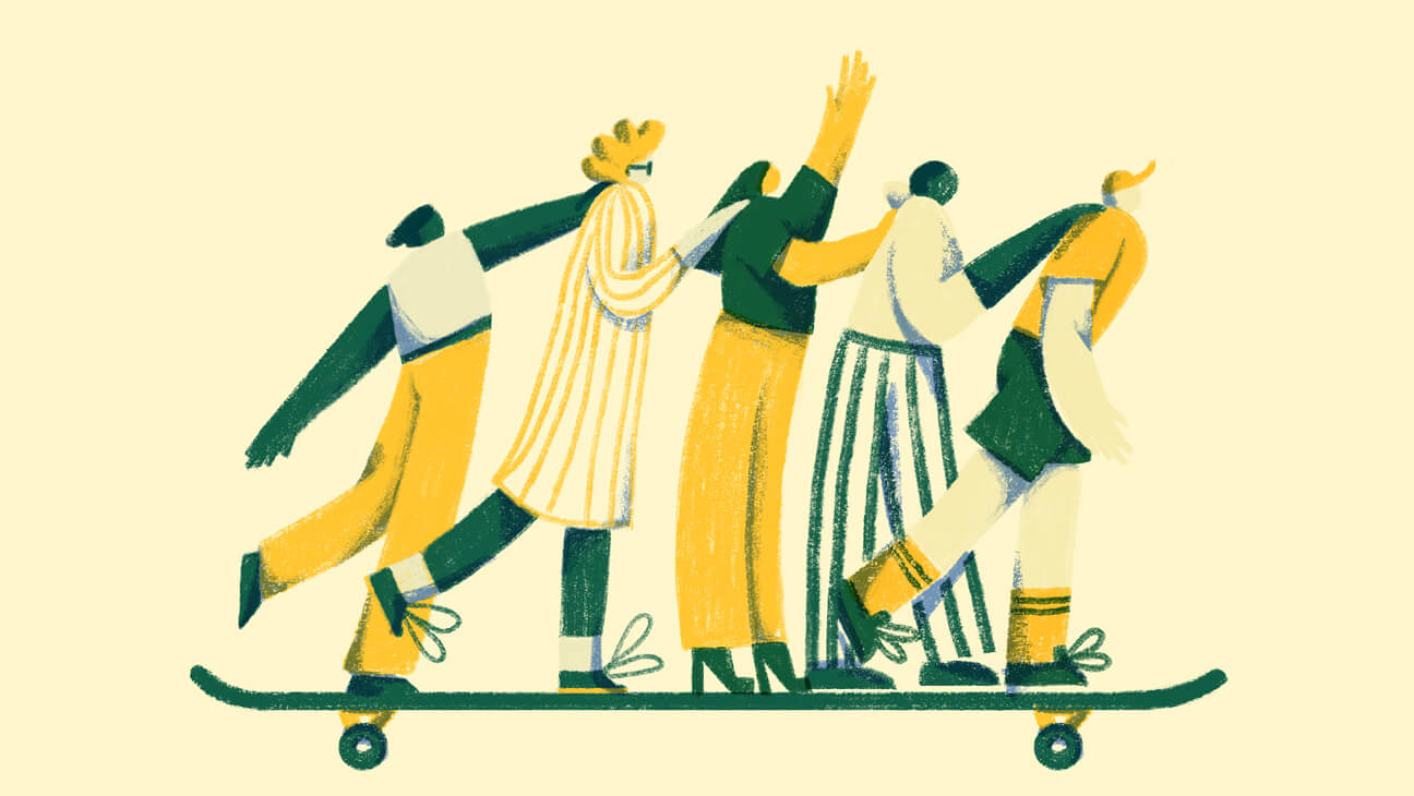 Illustraties 5 personen om een skateboard