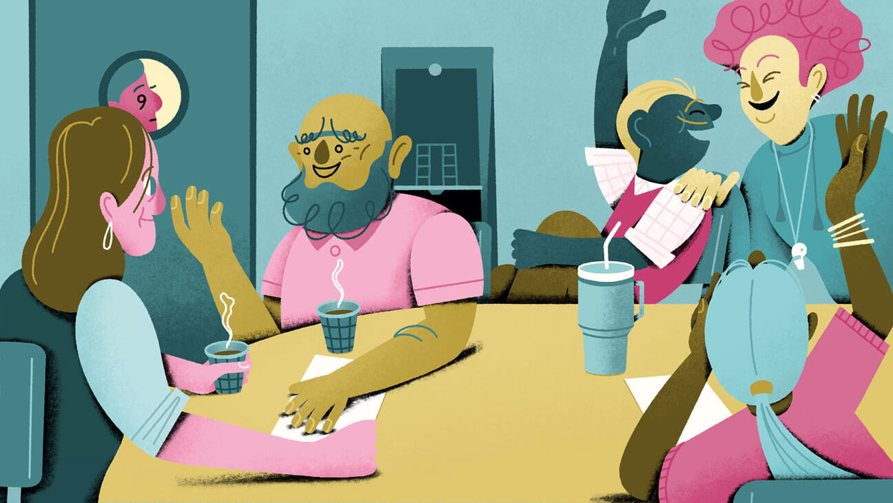 Illustratie van leraren verdeelt in leraarskamer