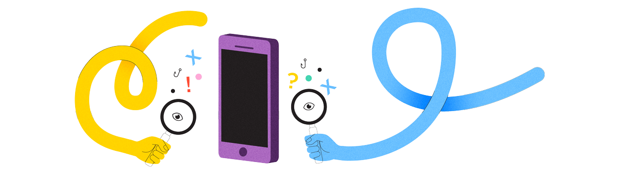 Armen en handen met vergrootglas