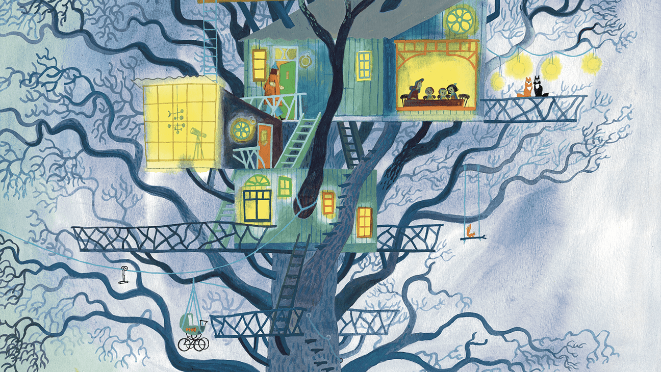 Illustratie van Noëlle Smit, Uit Mijn tante en mijn oom die wonen in een eikenboom, Querido, 2023