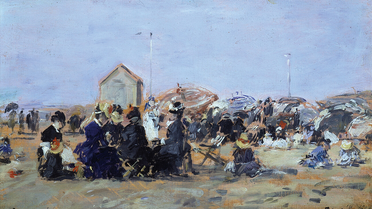 Eugène Boudin, Trouville, scène de plage à la cabine, olieverf op hout, circa 1860