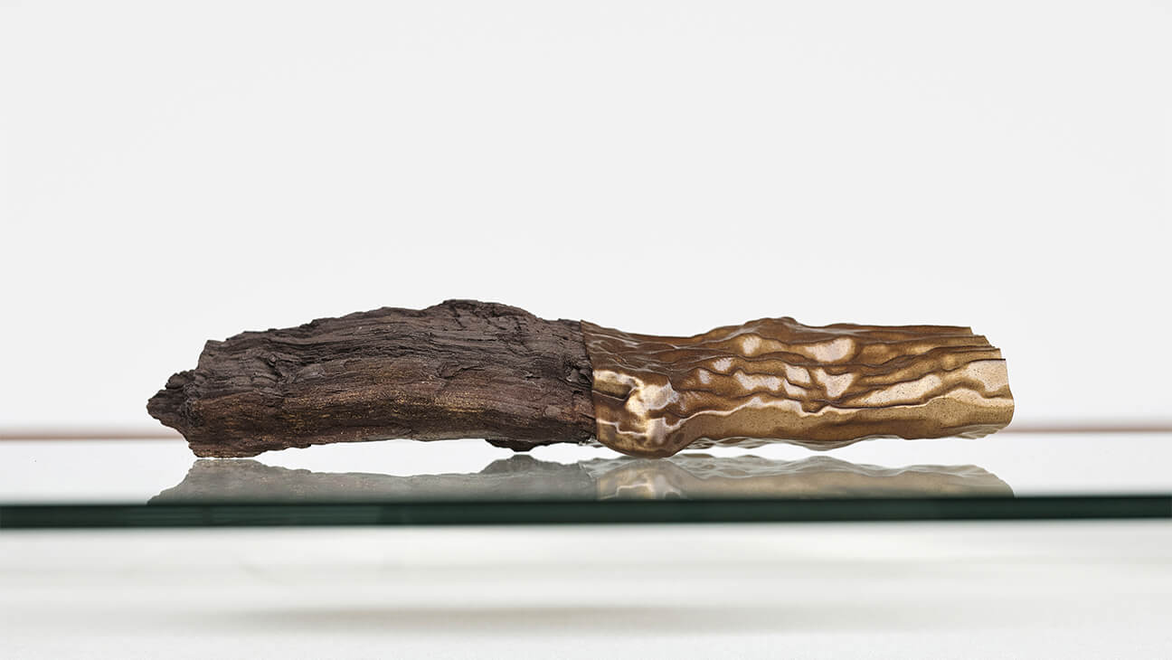 Edith Dekyndt Langhian (Zwenkau) 2024 3D print (plastic) of AI extrapolation on fossilized wood