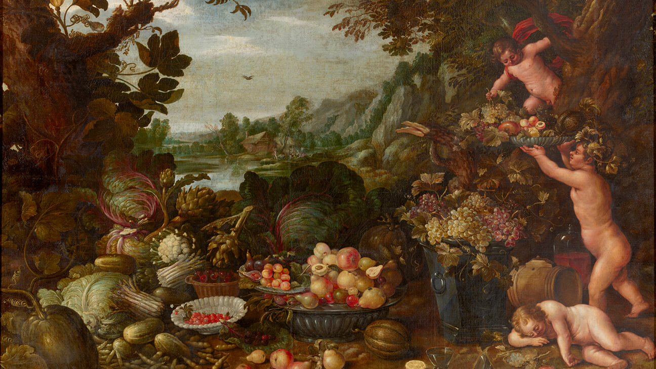 Kunstwerk 'Landschap met bloemen, vruchten en putti'