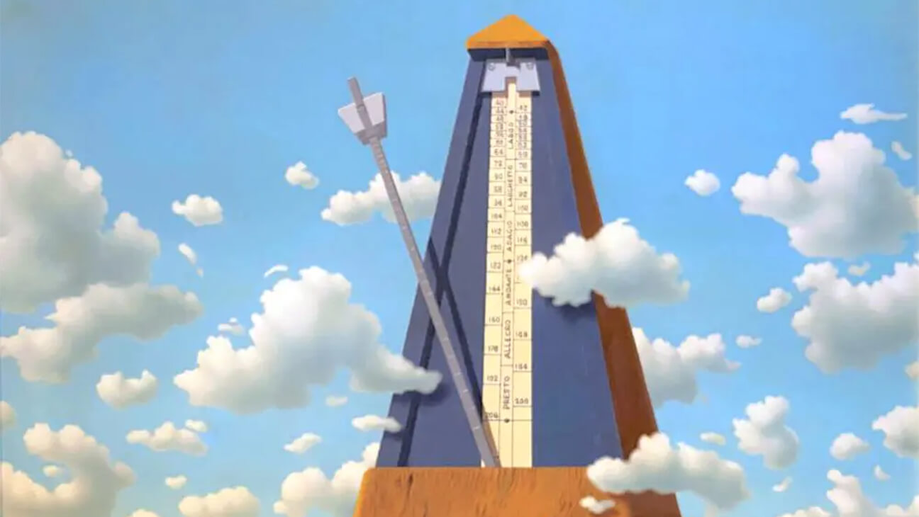 Schilderij van een grote metronoom van Fernand Poncelet