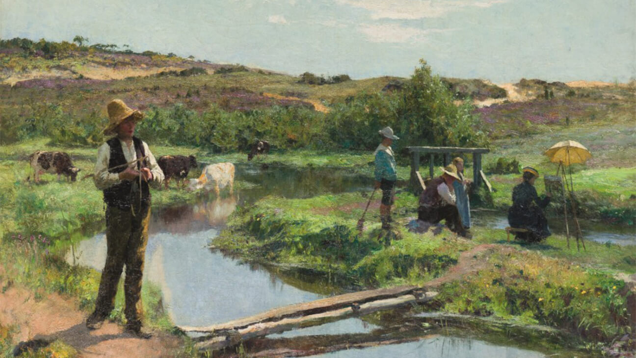 Schilderij van een landschap met een man aan een rivier