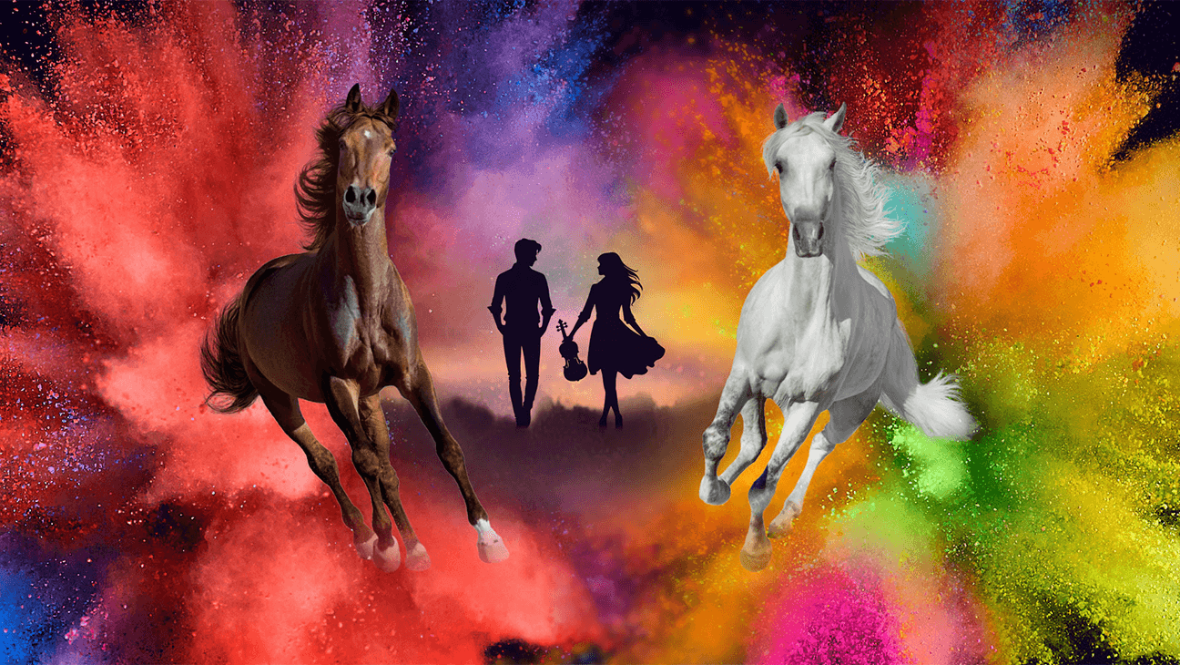 2 dansers en 2 paarden op een kleurrijke achtergrond