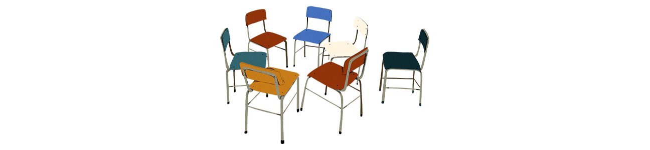 Illustratie van kring mer stoelen waar een stoel er buiten staat