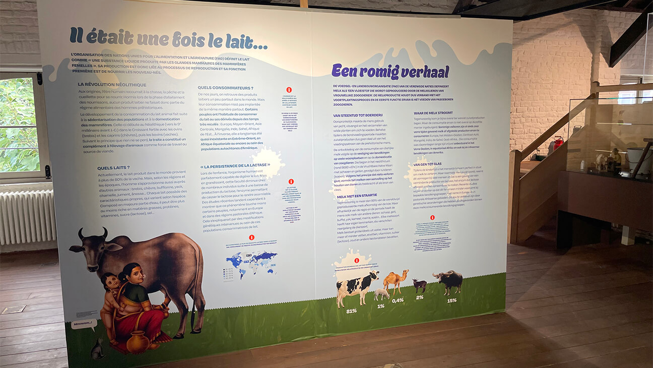 Grote pancarte met meer uitleg over de expo 'Lactissimo. Melk in alle staten'