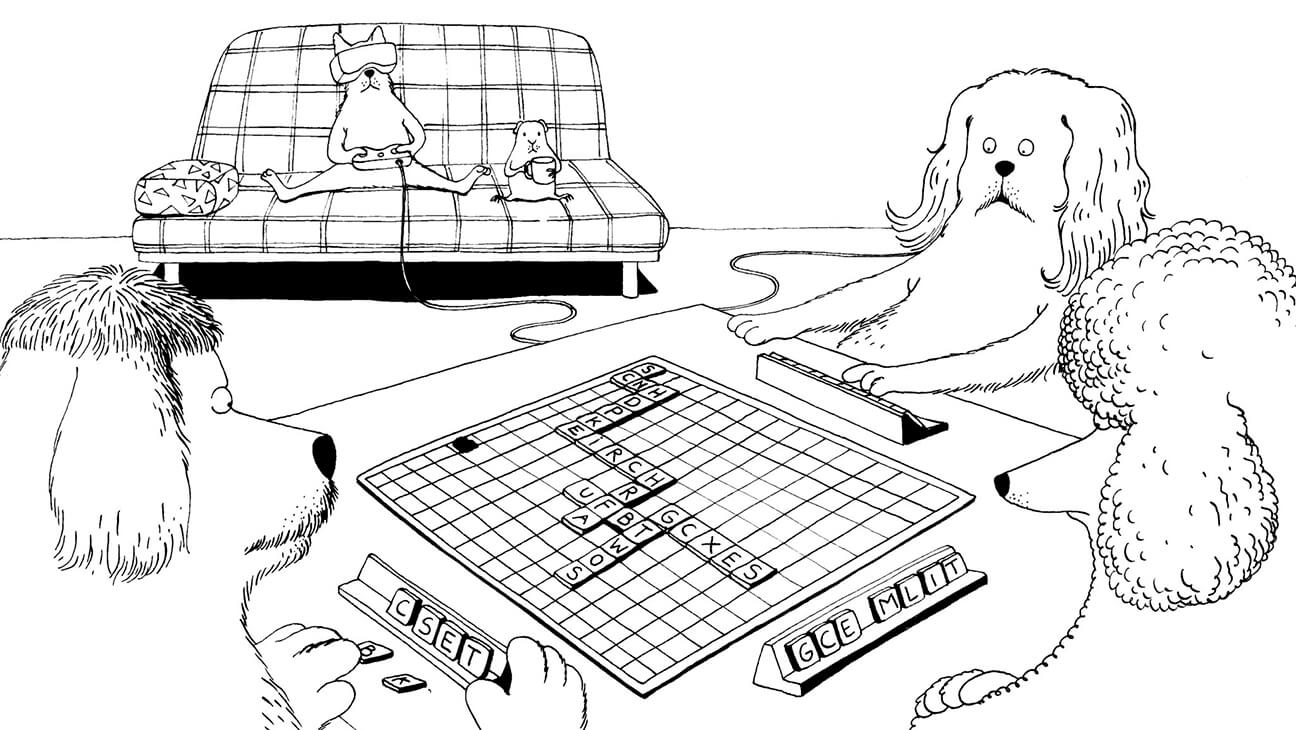 Lijntekening van 3 honden die scrabble spelen